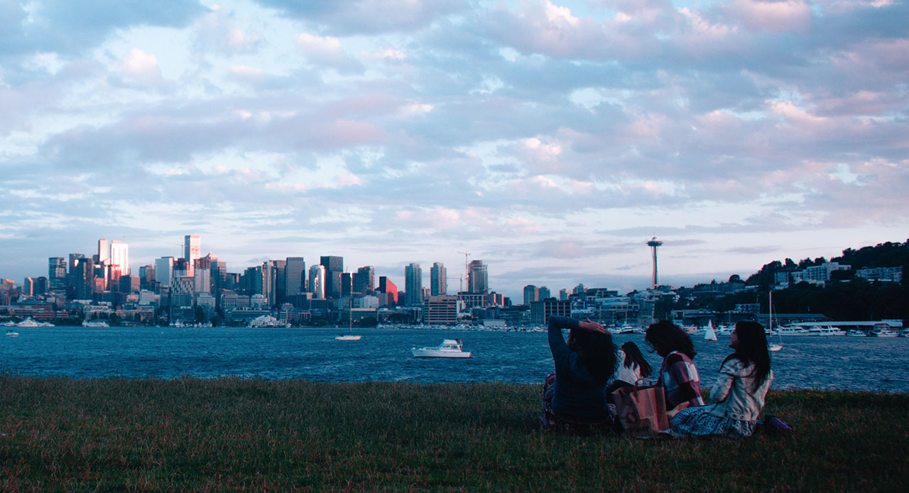Seattle Washignton cityscape with people in foreground